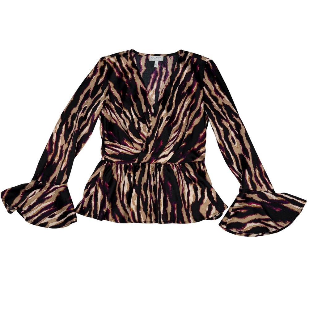 Sofia Jeans Peplum Top Abstract Tiger Print XS Black Purple Bell Sleeve